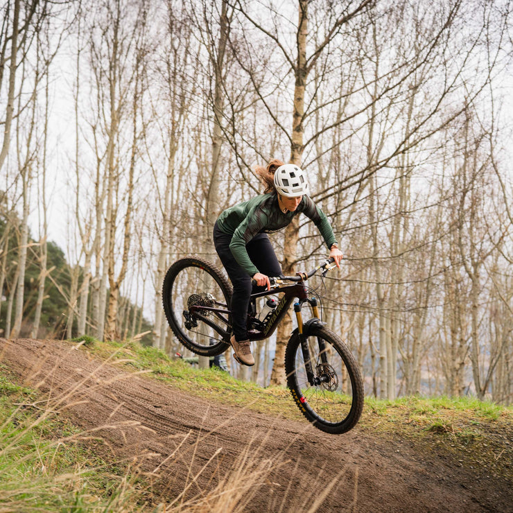 Fi on the step down at the top of Glentress Red Taster Trail